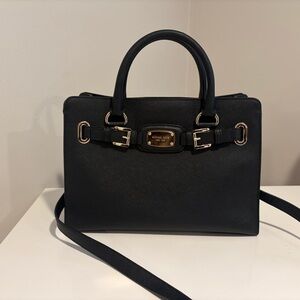 Michael Kors Black Leather Satchel with Gold Hardware